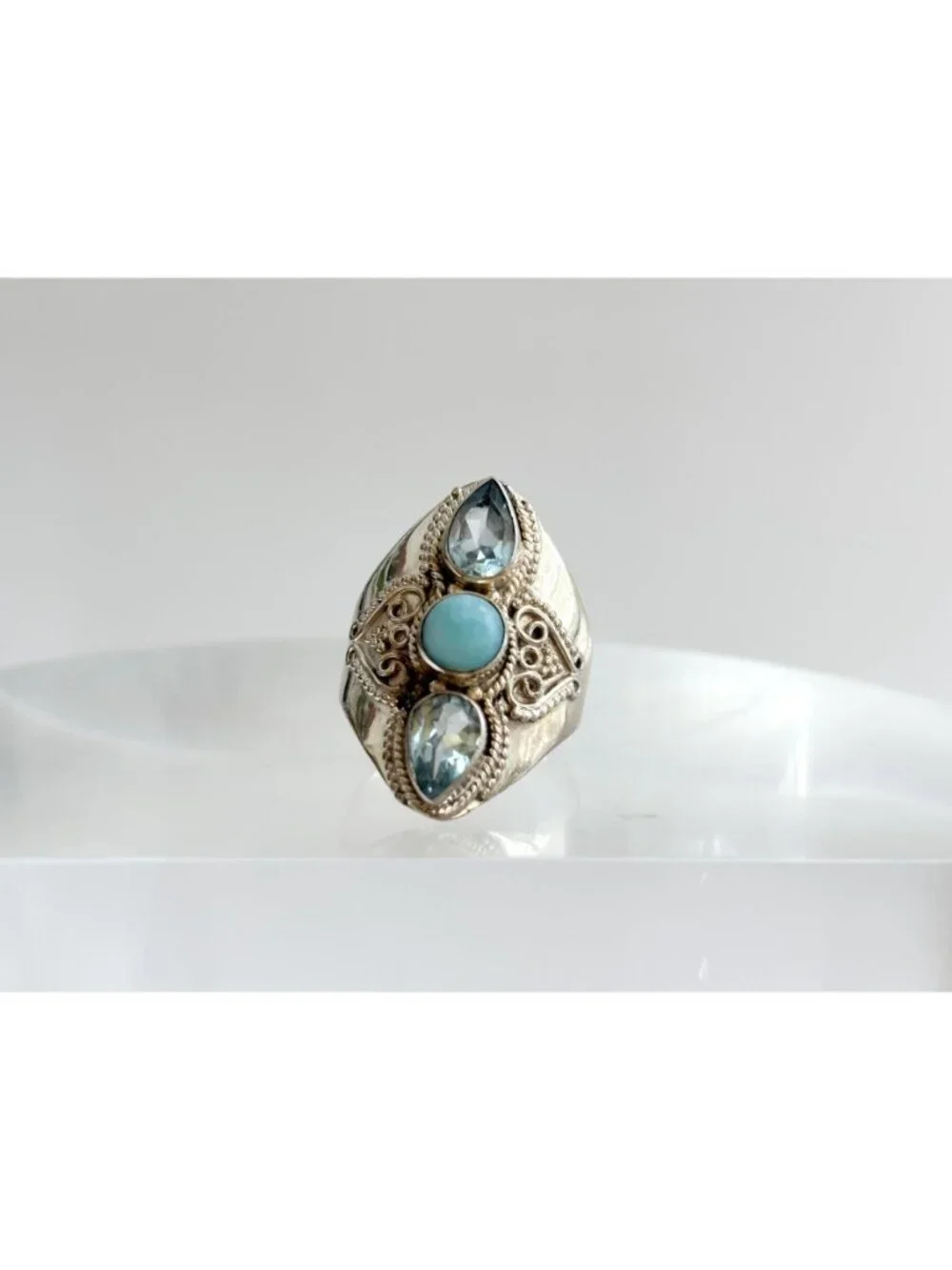Larimar & Blue Topaz Gemstone Indian Sterling Silver 925 Vintage Ring - sz 9